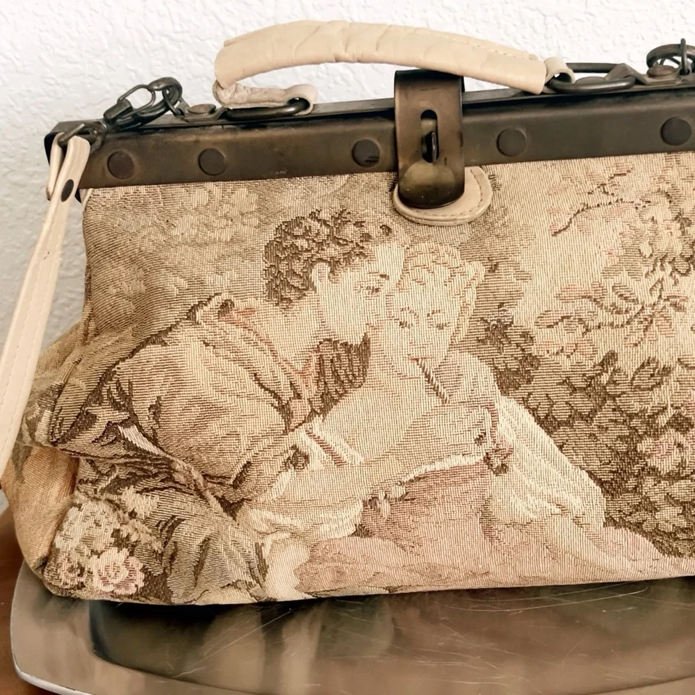 Vintage 70s Early Carpetbags of America Tapestry Doctor Bag Rococo Artsy Brass